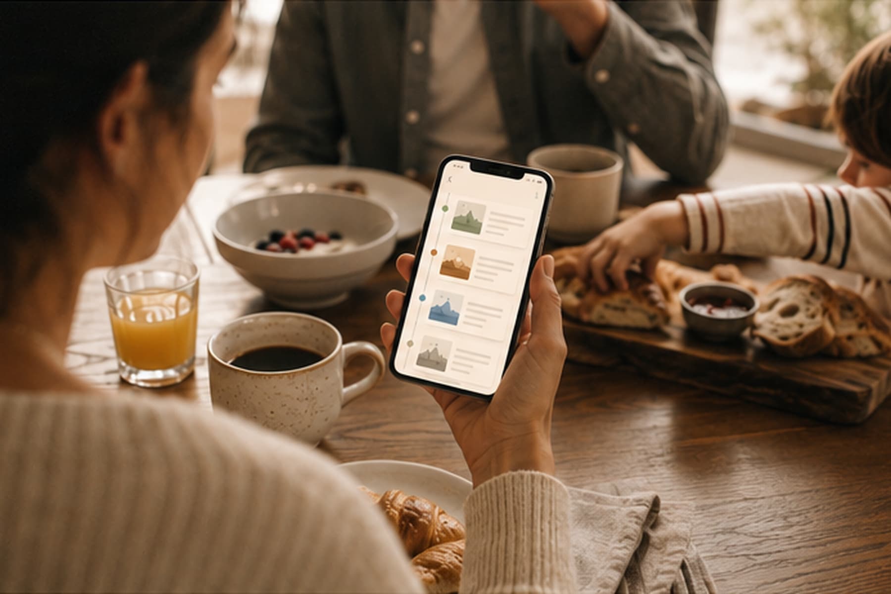 A hand holding a phone at a family breakfast table, the screen showing a day-by-day itinerary with a small picture beside each entry