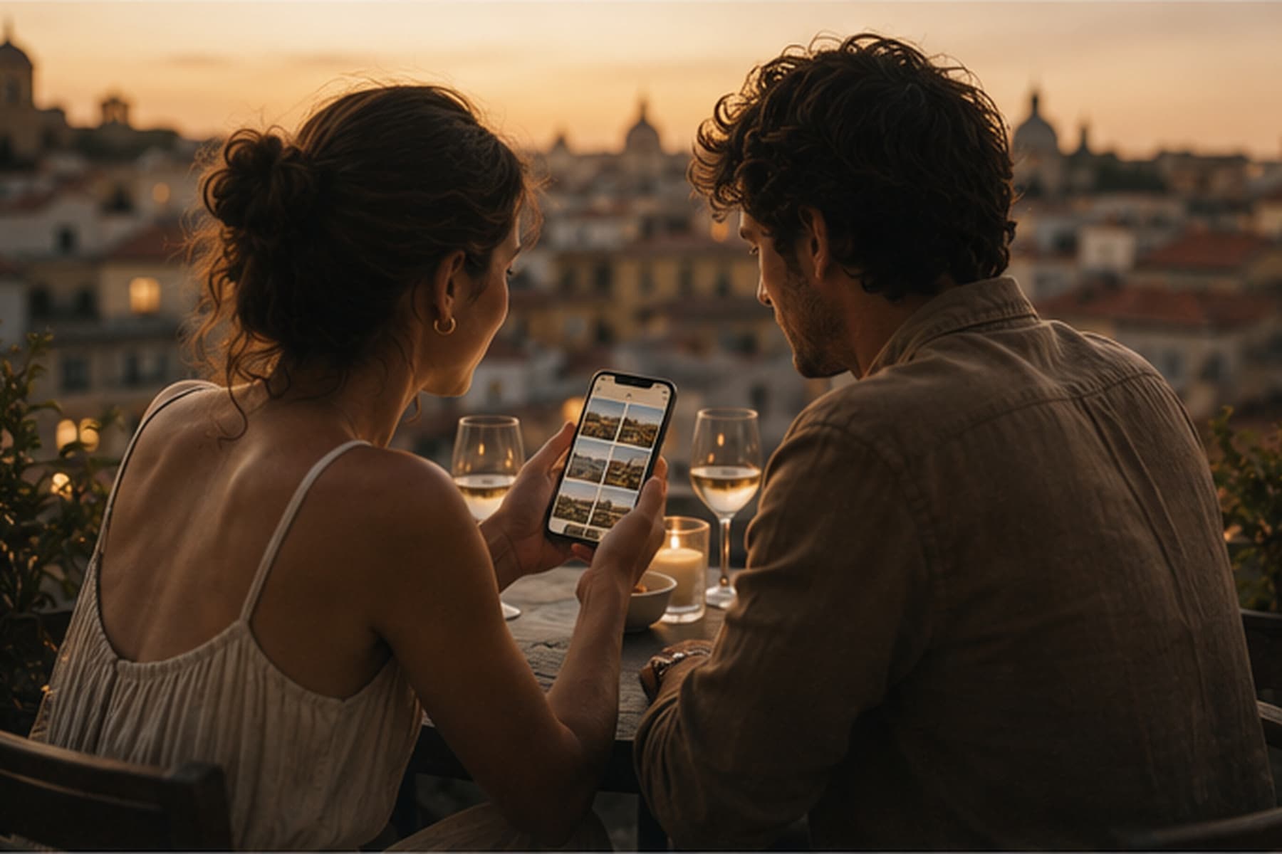 Two people at a rooftop table at sunset, looking together at a phone showing a grid of trip photographs, a city of tiled roofs below